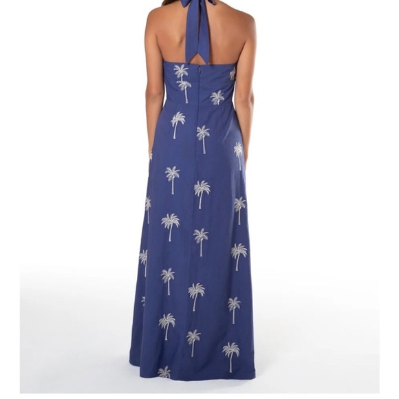 Tori Richard It's a Date River Dress Navy Palm Tree Embroidery Halter Maxi Dress - Picture 2 of 10